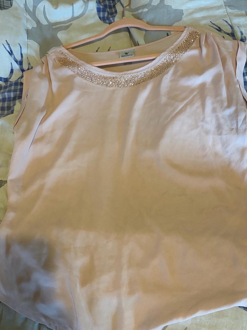 Worthington Blush Pink Embellished Neckline Blouse